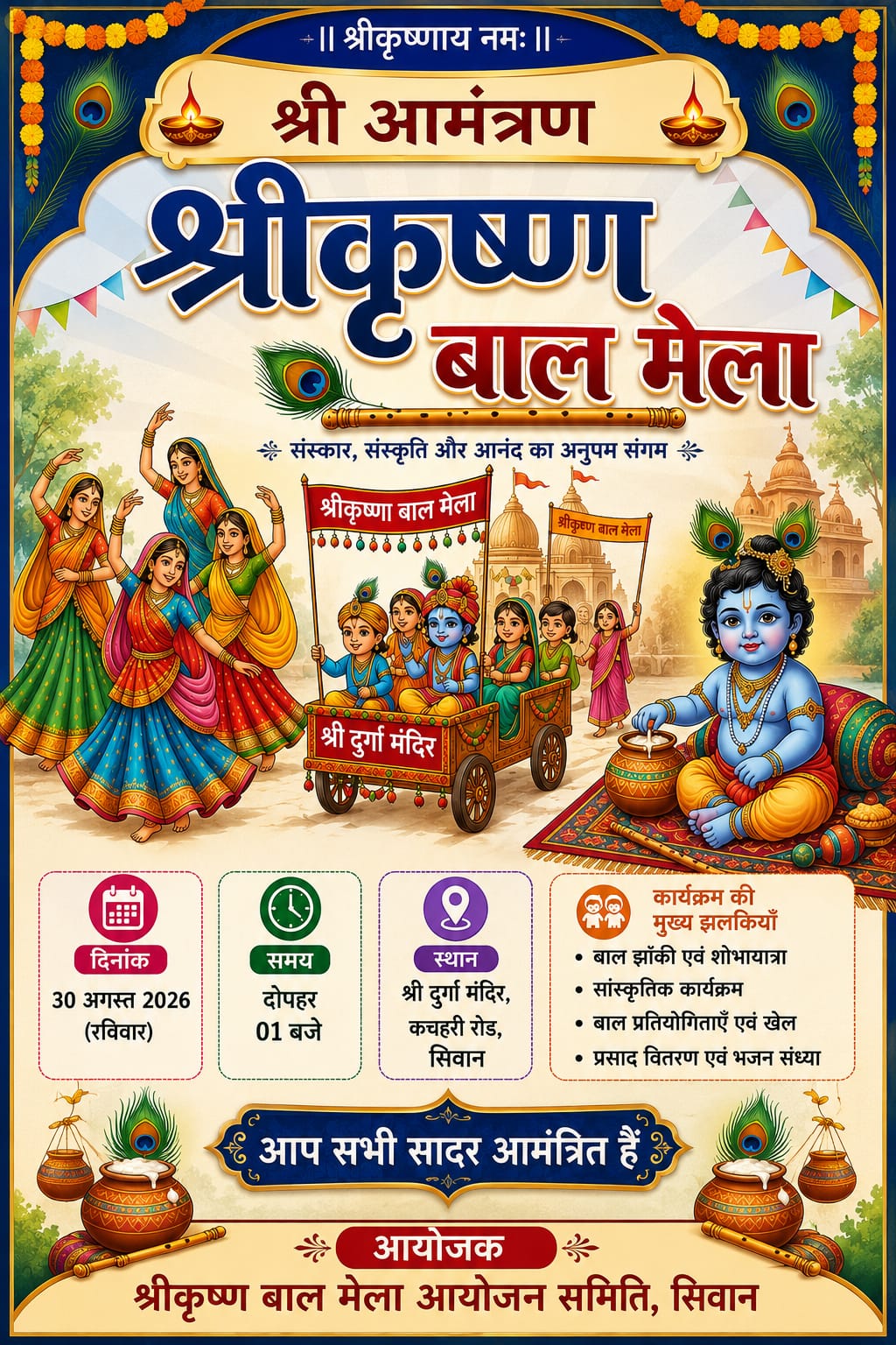 On the occasion of Shri Krishna Ashtami, a Shri Krishna fancy-dress event and various spiritual competitions will be organized.